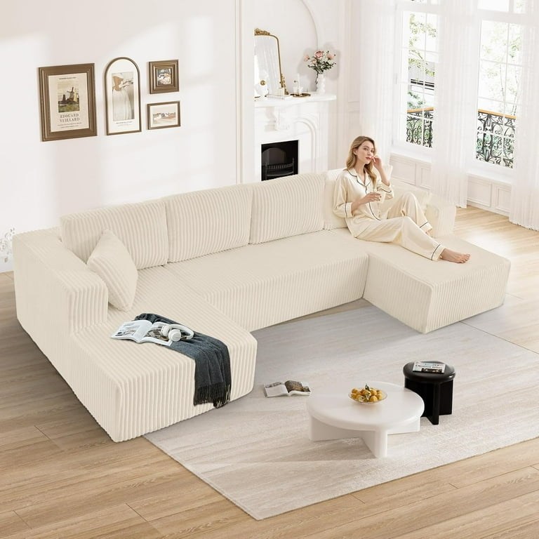 Sectional Sofa: Cream Corduroy U-Shaped Modular Layout, Low Profile