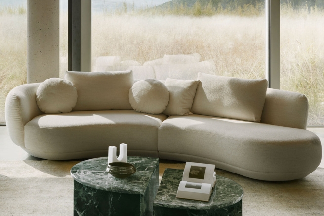 Sectional Sofa Cream Fabric with Bolster Pillows