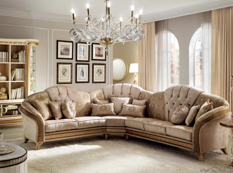 Sectional Sofa Cream Gold Scroll Base Diamond Tufting Italian styling
