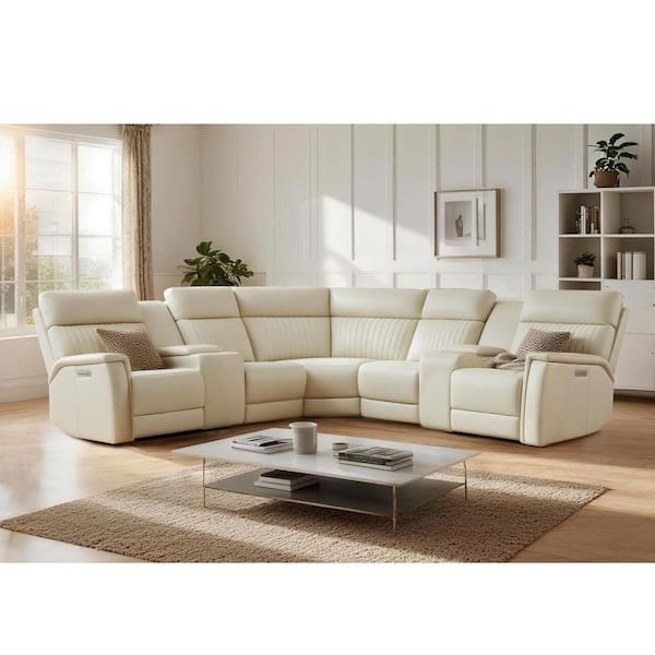 Sectional Sofa Cream Leather-Like Power Reclining L-Shaped Console