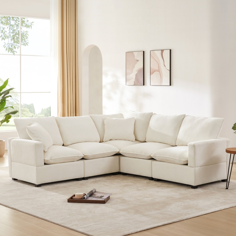 Sectional Sofa Cream Ribbed Texture Modular Design Low Profile Modern
