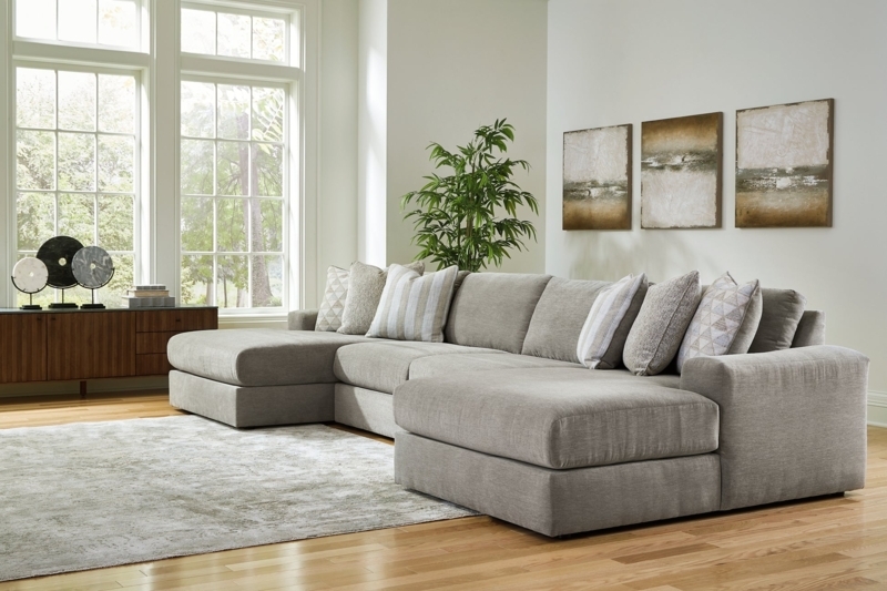 Sectional Sofa Cream U-Shaped Chenille Texture Contemporary Seating
