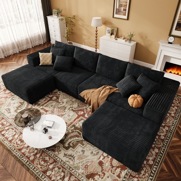 Sectional Sofa Cream U-Shaped Ribbed Corduroy Fabric Low Profile
