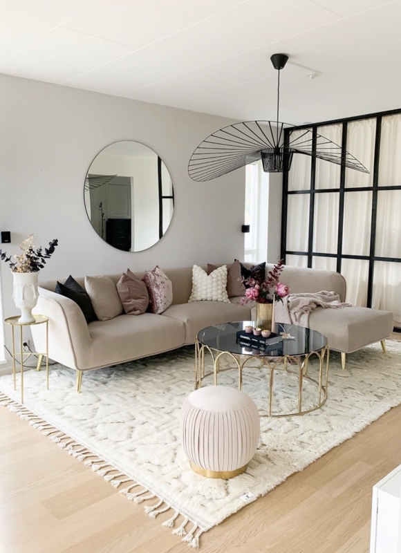 Sectional Sofa Cream Velvet Texture Oversized Monochromatic Luxe