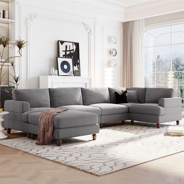 Sectional Sofa Cream Wide Ribbed Corduroy Modular Block