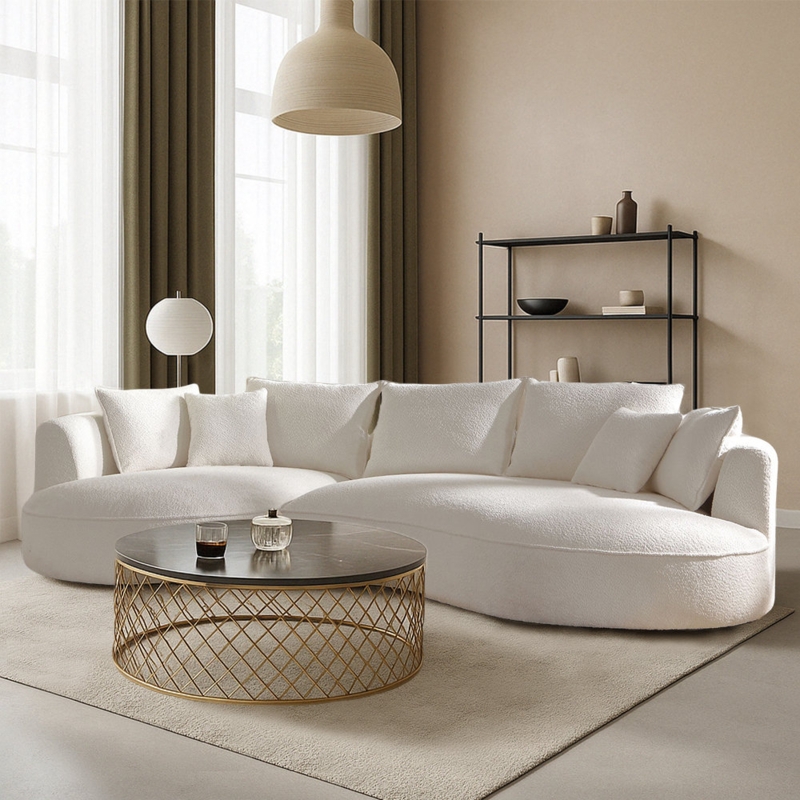 Sectional Sofa Creamy White Boucle Texture Rounded Arms