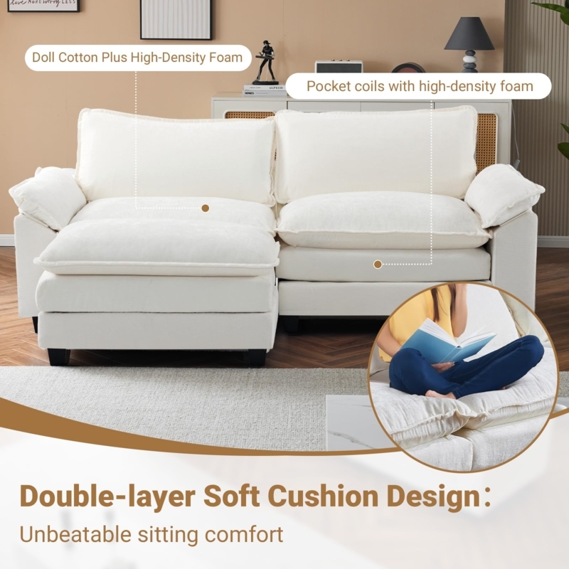 Sectional Sofa Creamy White L-Shaped Chaise Tapered Wood Legs