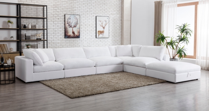 Sectional Sofa, Crisp White with Tufted Seat Cushions, Track Arms