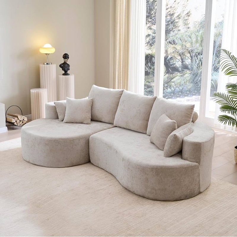 Sectional Sofa Curved Back Cream Boucle Chaise Lounge