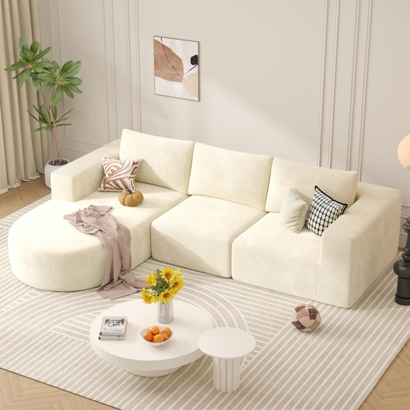 Sectional Sofa Curved Chaise Beige Corduroy Low Profile