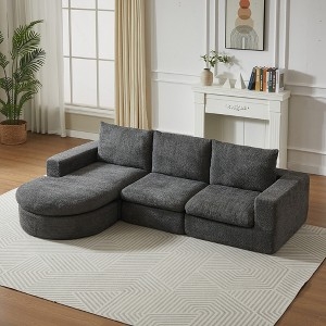 Sectional Sofa Curved Chaise Grey Chenille-Like Cylindrical Pillows