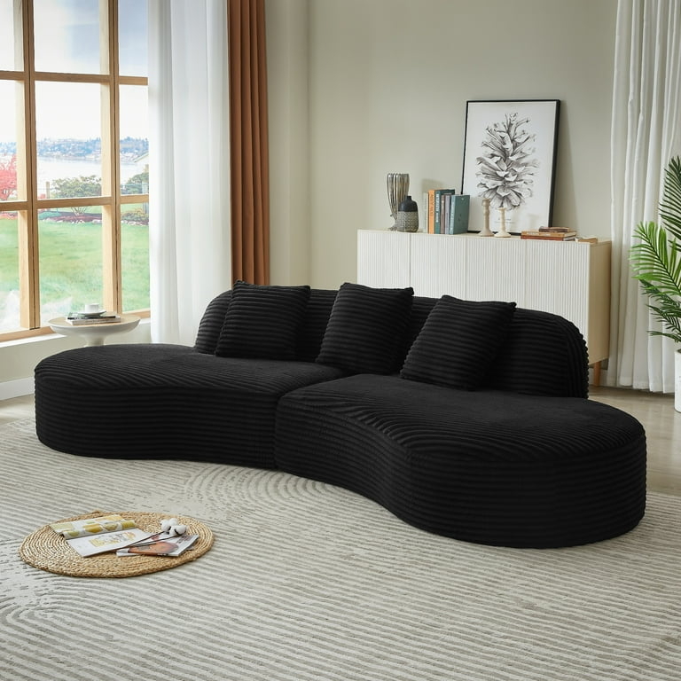 Sectional Sofa Curved Corduroy Upholstered Couch Low Profile Cream