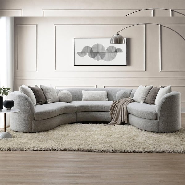 Sectional Sofa Curved Gray Boucle with Nailhead Trim