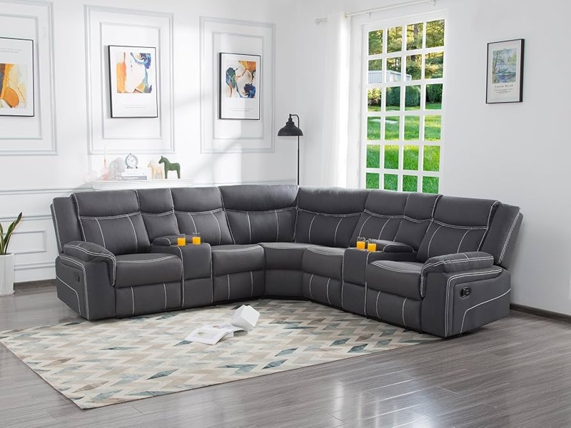 Sectional Sofa Curved Layout Symmetrical Reclining Seats Gray Fabric