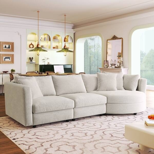 Sectional Sofa Curved Silhouette Beige Upholstered Contemporary Style