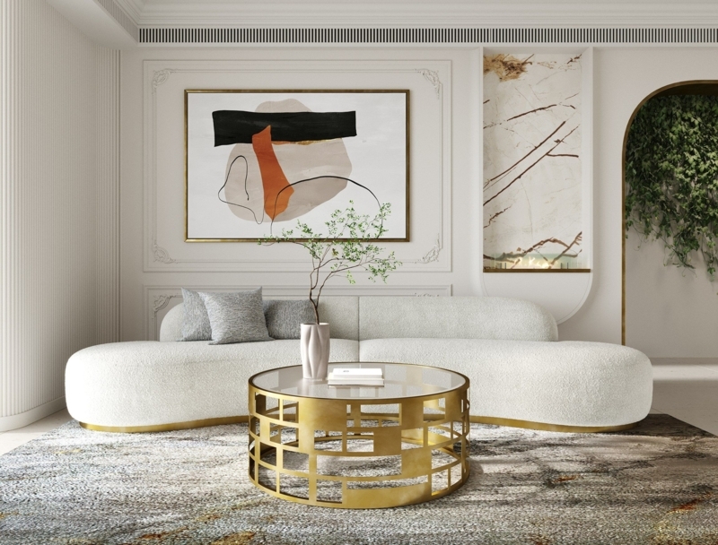 Sectional Sofa Curved Silhouette Two Tone Upholstery Neutral Glam