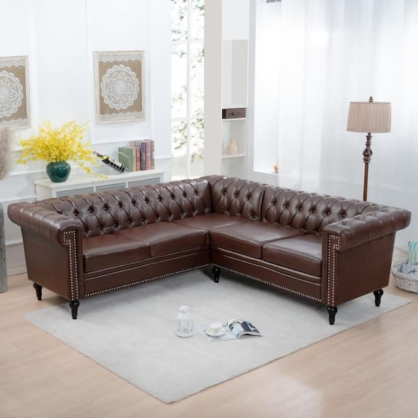 Sectional Sofa Dark Brown Grid Tufting L-Shaped Mid-Century Layout