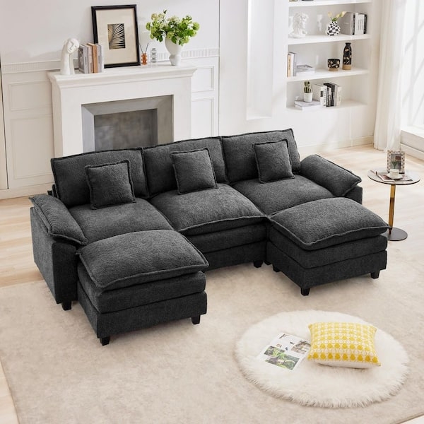 Sectional Sofa Dark Gray Chenille U Shaped Pillow Top Arms U-shaped Pit Layout