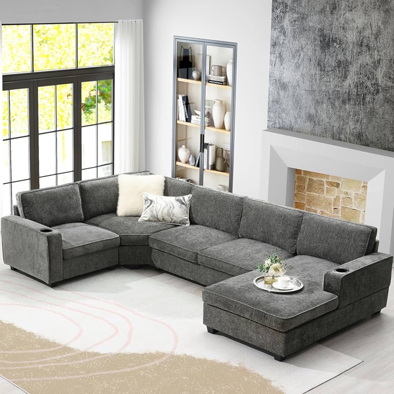 Sectional Sofa Dark Gray Chenille U-Shaped with Cup Holders