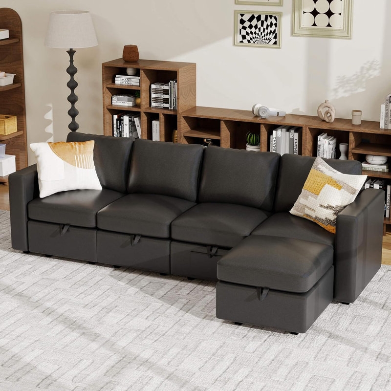 Sectional Sofa Dark Gray Tufted Back Integrated Console Transitional