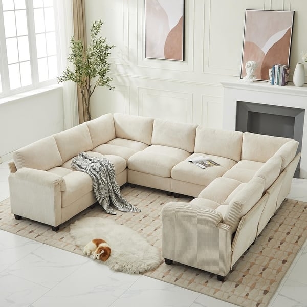 Sectional Sofa Dark Grey Corduroy U-Shaped Double Chaise