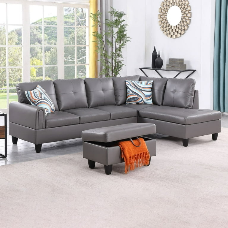 Sectional Sofa Dark Grey Faux Leather L-Shaped with Slender Metal Legs