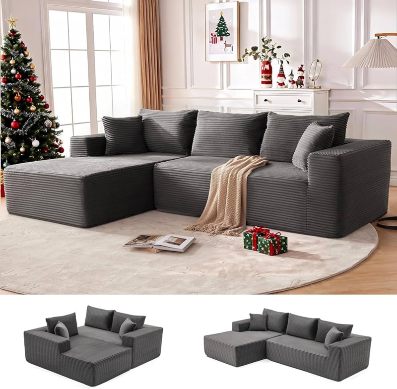 Sectional Sofa Dark Grey L-Shaped Chaise Low Profile Textured Weave