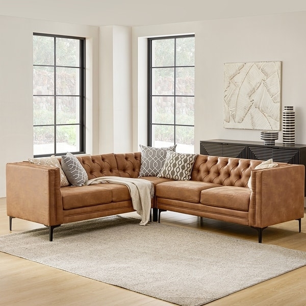 Sectional Sofa Diamond Tufting Camel Leather Look Tapered Metal Legs