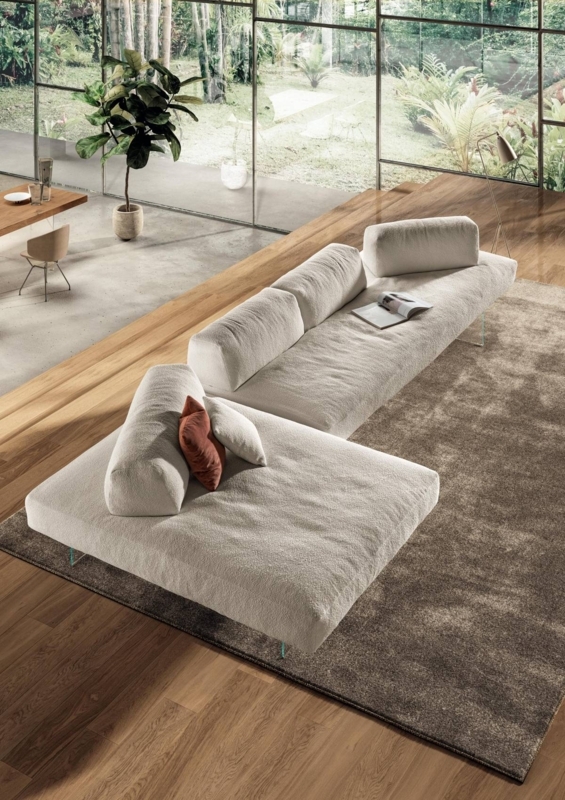 Sectional Sofa Double Sided Seating Floating Base Glass Legs