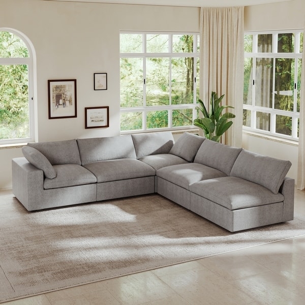 Sectional Sofa Down Filled Off-White Fabric Low Profile Contemporary