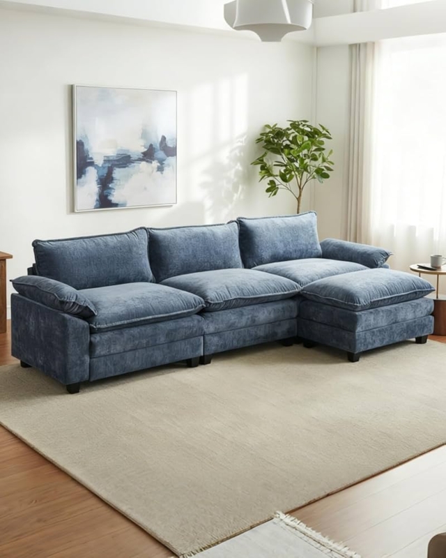 Sectional Sofa Dusty Blue Modular Chenille Deep Seat Scandi