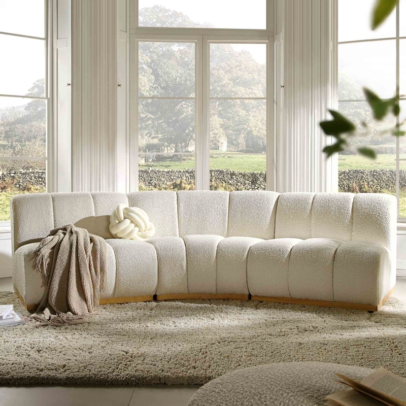 Sectional Sofa Ecru Boucle L-Shaped Blocky Silhouette