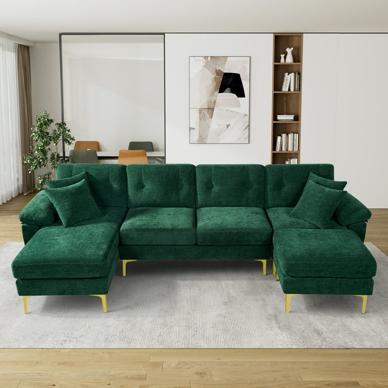 Sectional Sofa, Emerald Green Chenille, U-Shaped Pit Configuration