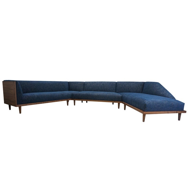 Sectional Sofa, Exposed Walnut Base, Tan Upholstered L-Shaped Couch