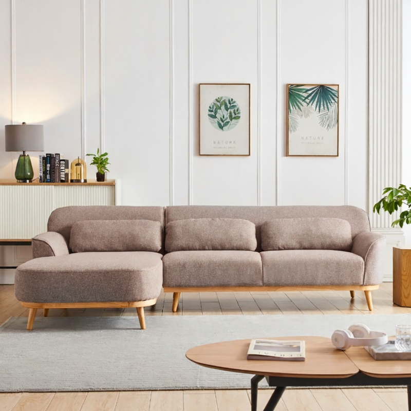 Sectional Sofa Exposed Wood Base Linen Like Upholstery