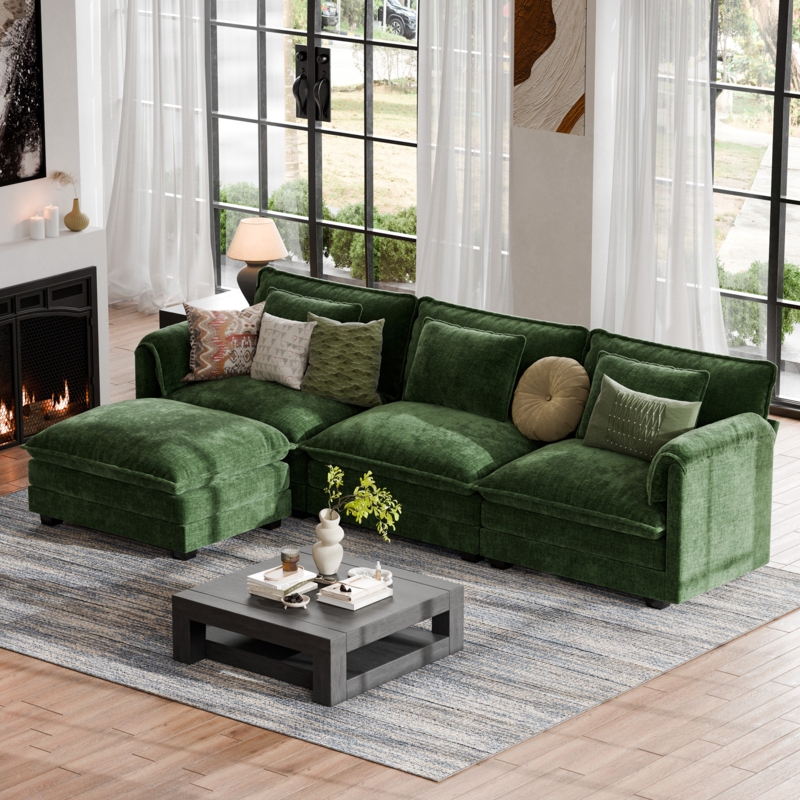 Sectional Sofa Forest Green Chenille L Shaped Square Arms Modern