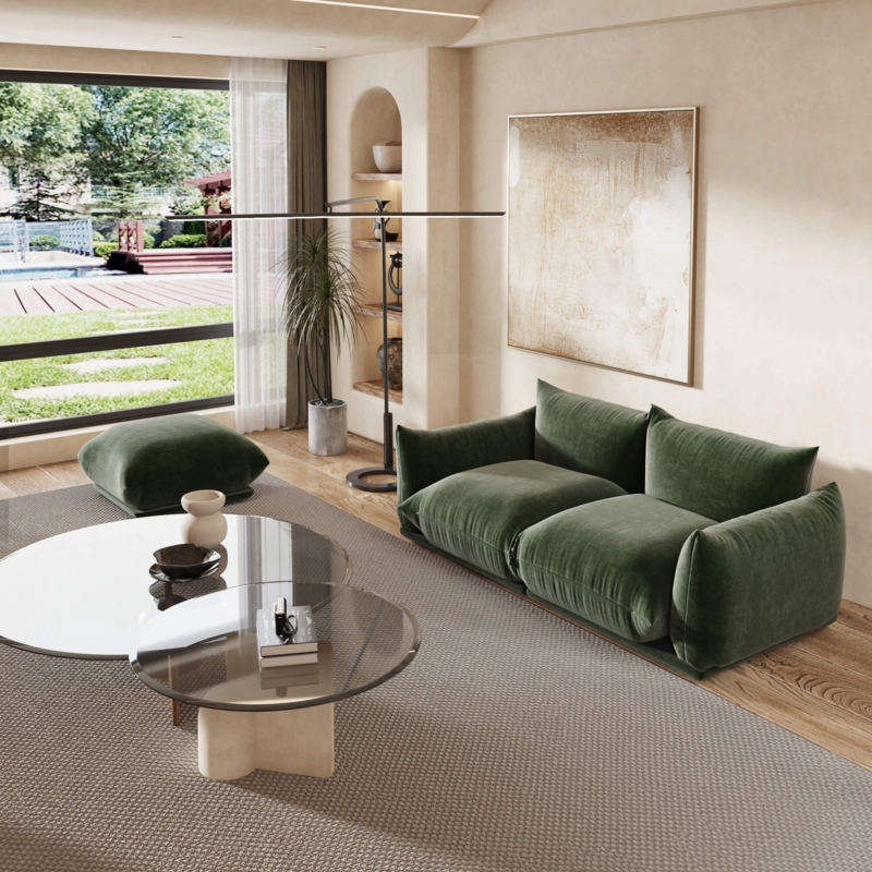 Sectional Sofa, Forest Green Chenille, Loose Back Cushions, L-Shaped