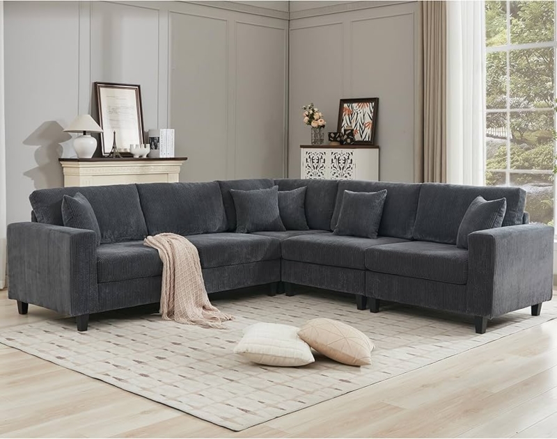 Sectional Sofa Forest Green Corduroy U-Shaped Modular Layout