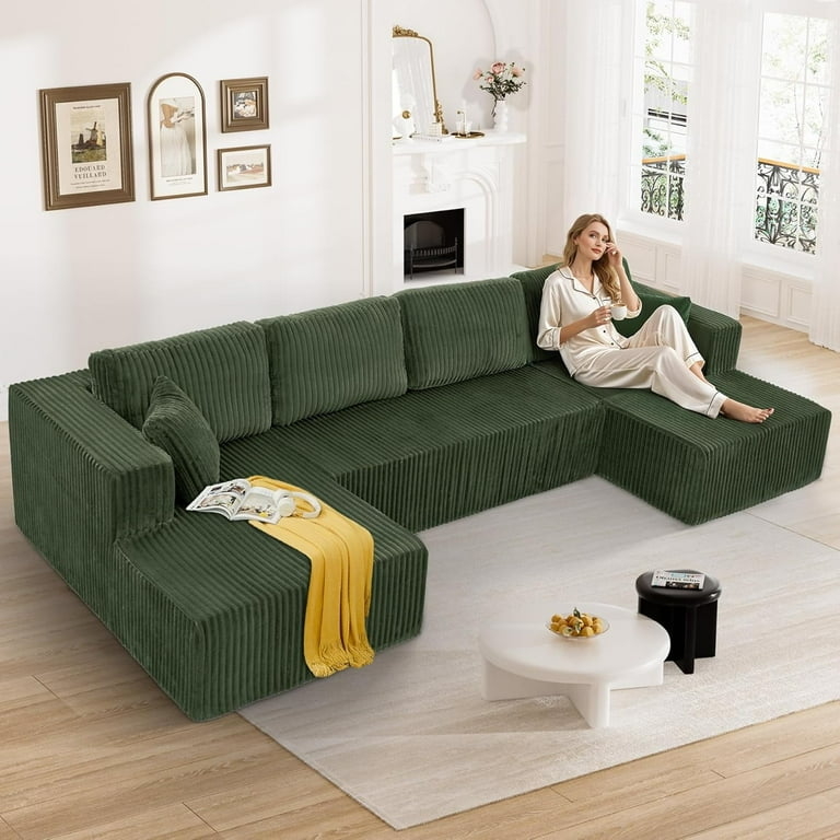 Sectional Sofa: Forest Green Corduroy with Floor Level Silhouette