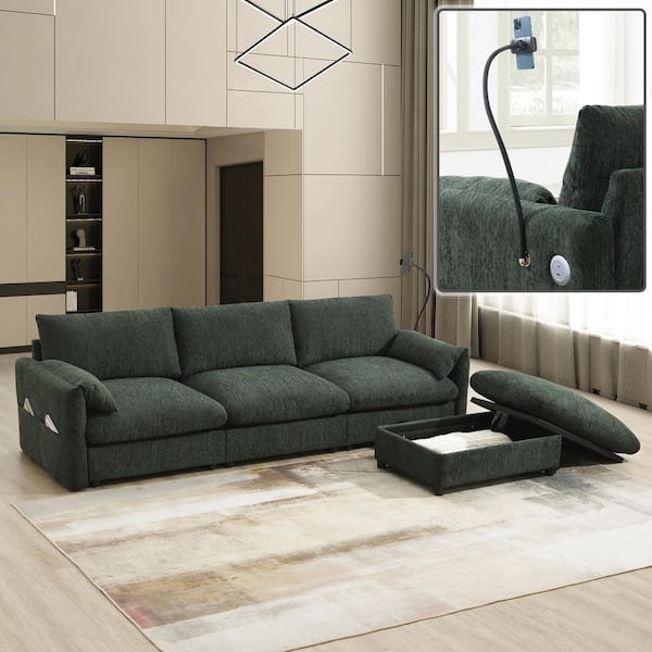 Sectional Sofa Forest Green Integrated Phone Holder USB Charging