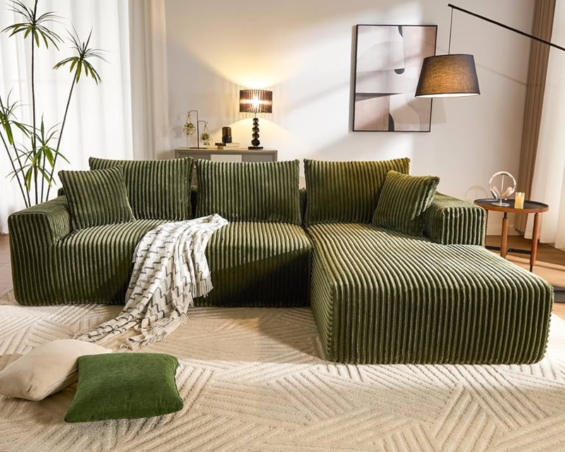 Sectional Sofa Forest Green Ribbed Corduroy Low Profile Deep Seat