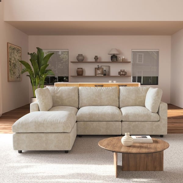 Sectional Sofa Four-Piece Set Brown Chenille-Like with Ottoman