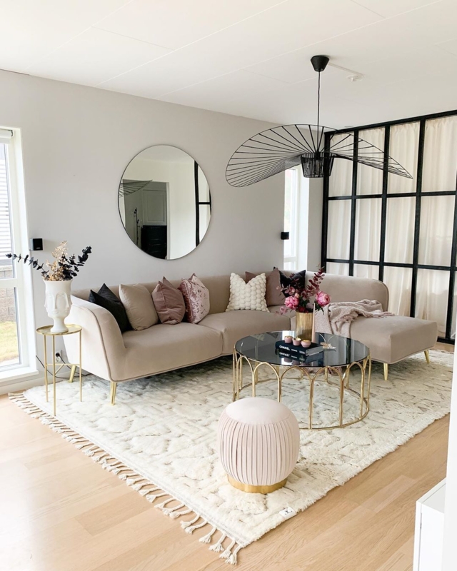 Sectional Sofa Glam Gray Velvet Layout with Decorative Wall Paneling