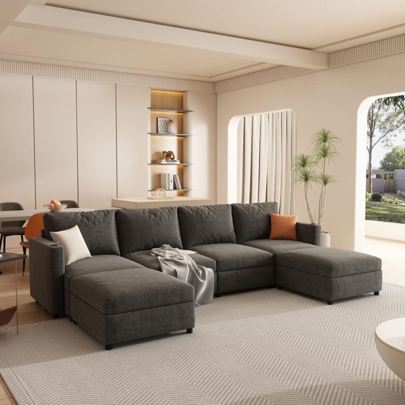 Sectional Sofa Gray Chenille-like U-Shaped Modular Design