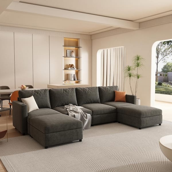 Sectional Sofa Gray Chenille Pit Layout with Two Ottomans
