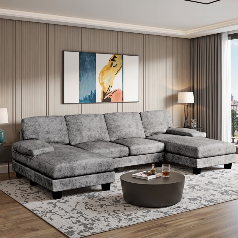 Sectional Sofa Gray Chenille Symmetrical Layout Double Chaise