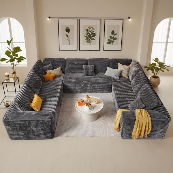 Sectional Sofa Gray Corduroy Deep Seat U Shape Modular Wide Arms