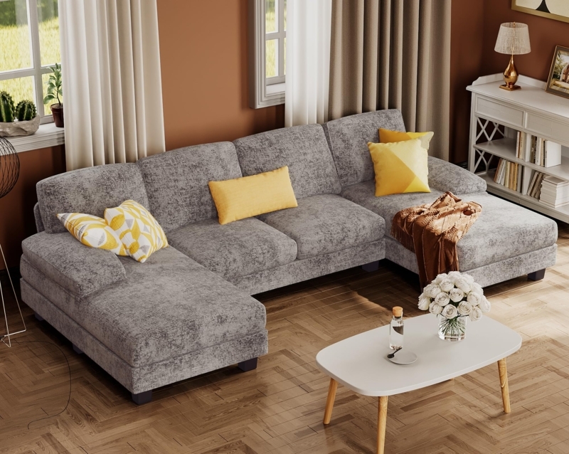 Sectional Sofa Gray Double Chaise Linen U-Shaped Layout
