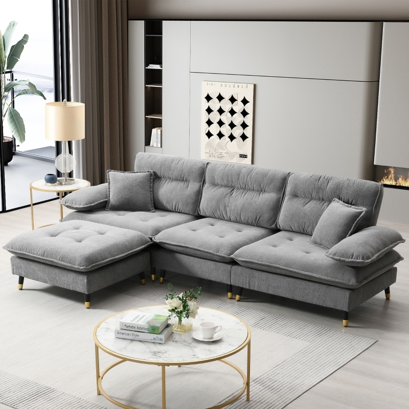Sectional Sofa Gray Grid Button Tufting L-Shaped Transitional Design