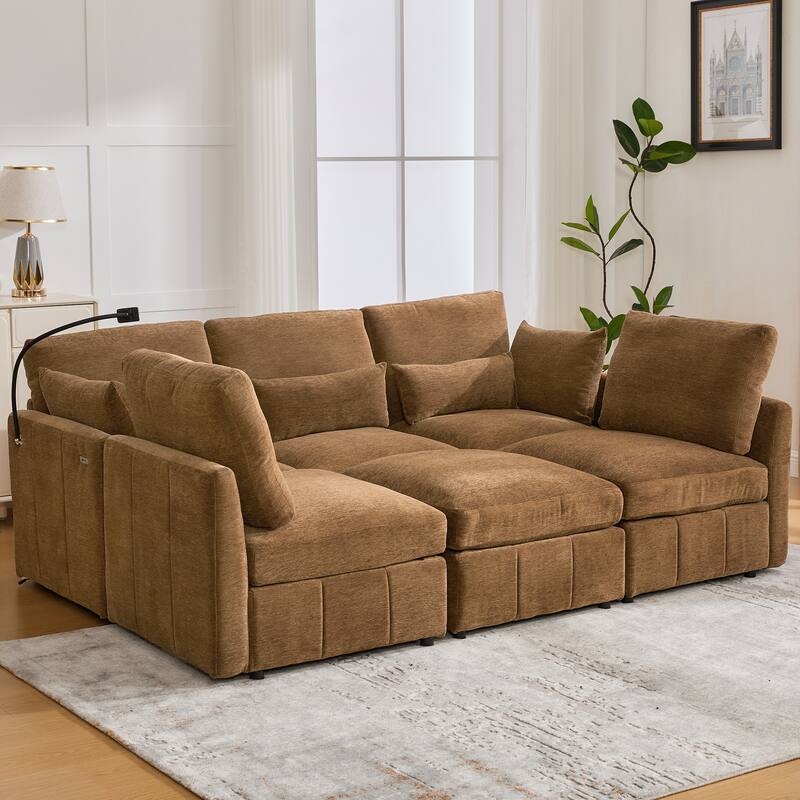 Sectional Sofa Gray L-Shaped with Square Tufting and Phone Holder
